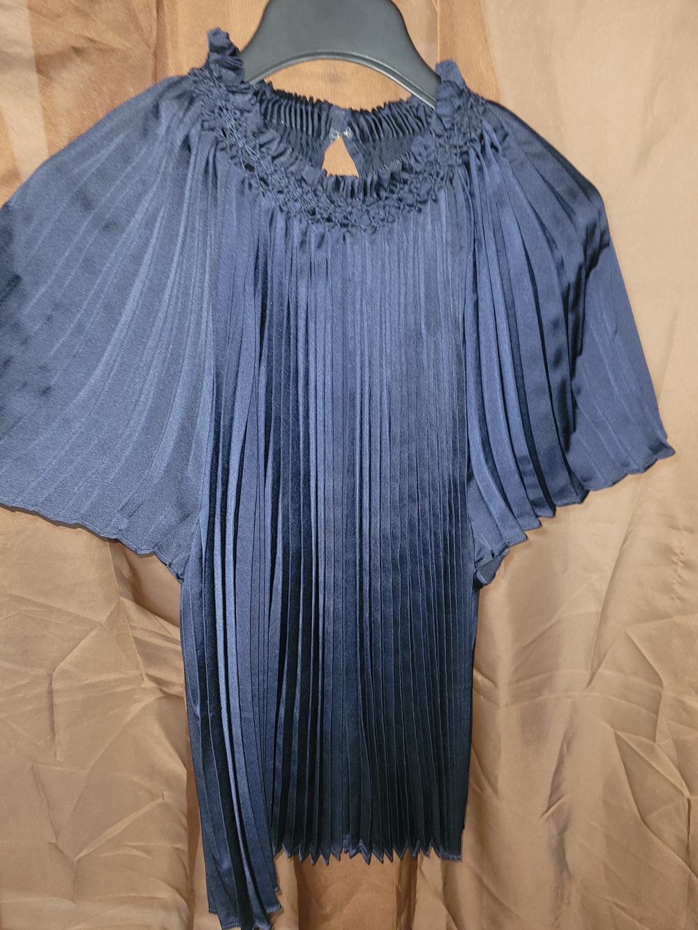 Ann Taylor Navy Pleated Smocked-Neck Blouse